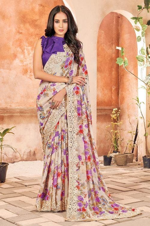 Buy Beige Pure Georgette V Neck Pre-draped Organza Saree For Women by Seema  Thukral Online at Aza Fashions.