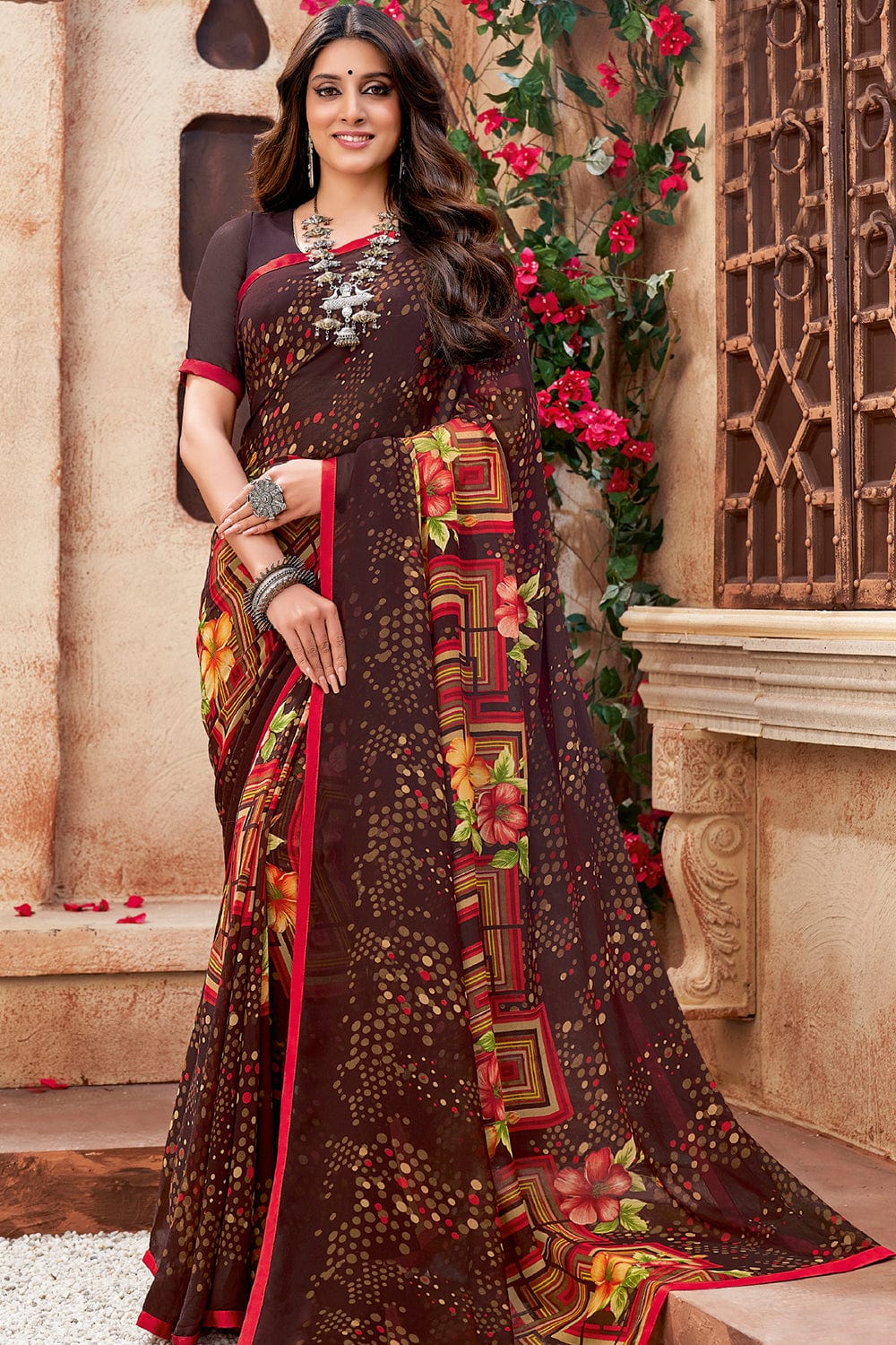 Buy Georgette Saree In Dark Brown And Orange Color Online - SARV08518 |  Andaaz Fashion