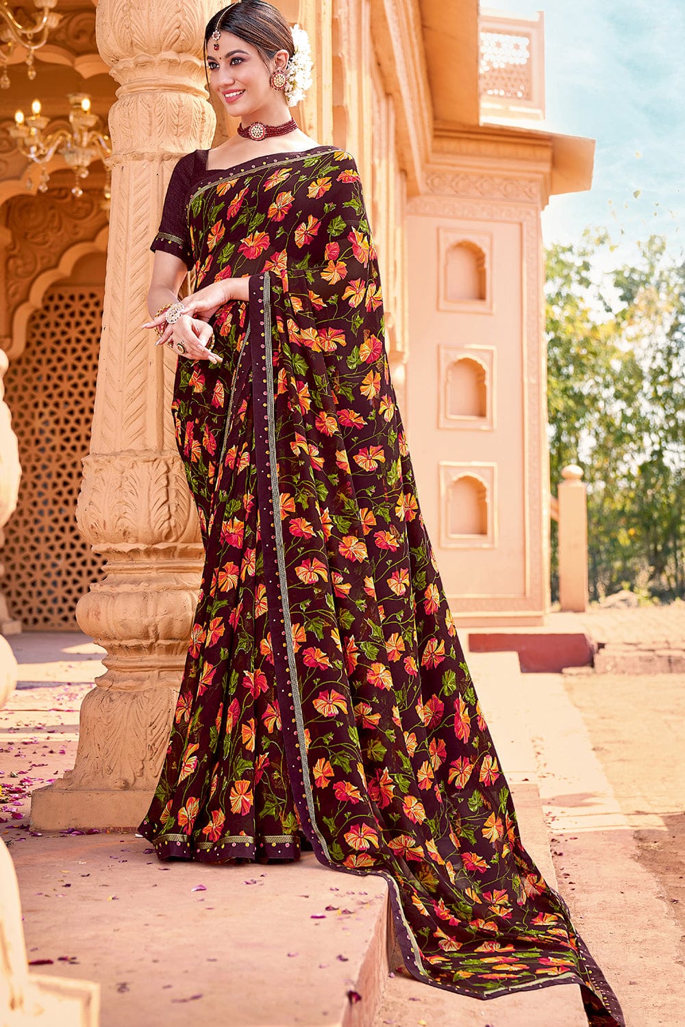 brown georgette saree