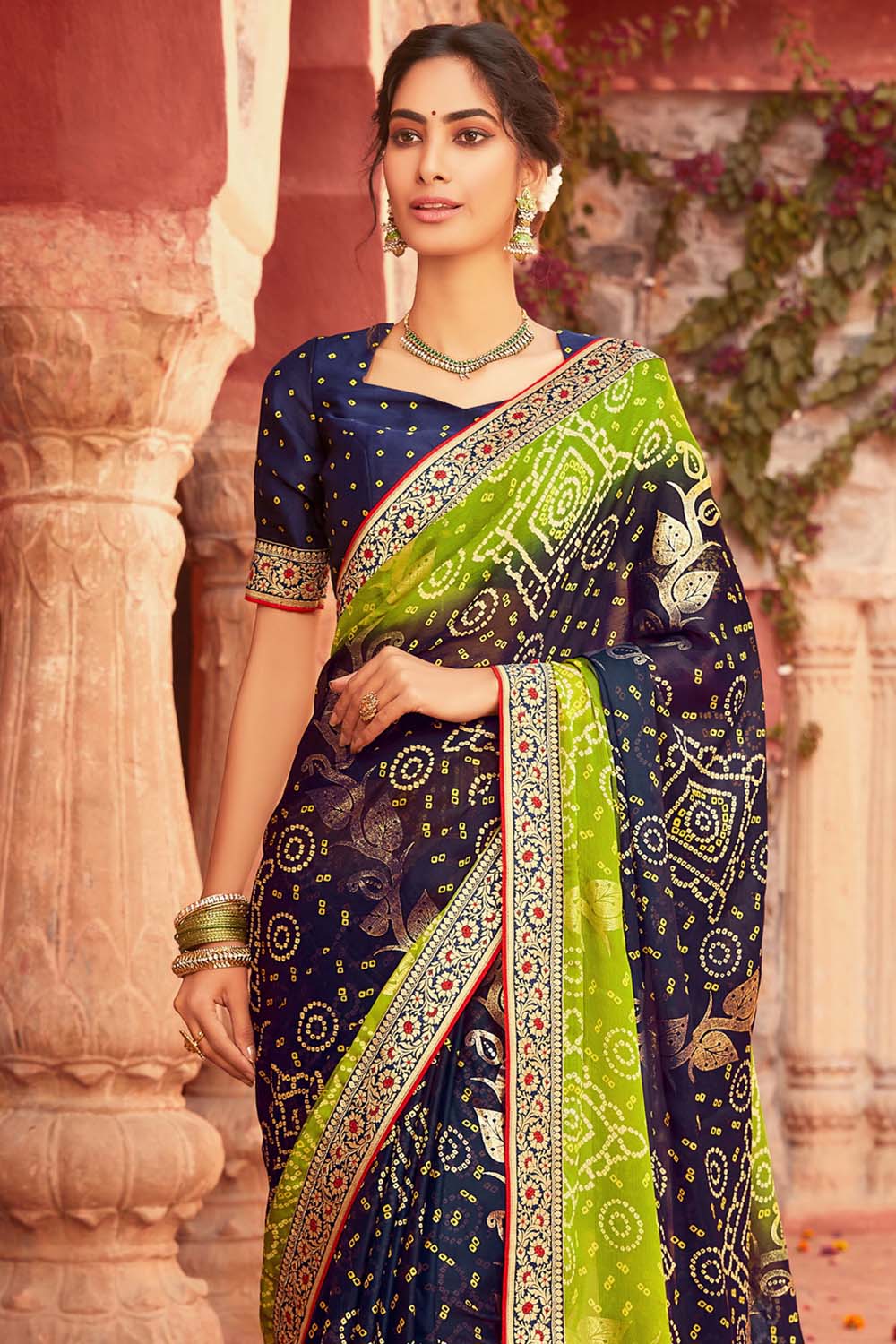 Shop Jaypore Blue Chiffon Bandhani Saree for Women Online 39586693