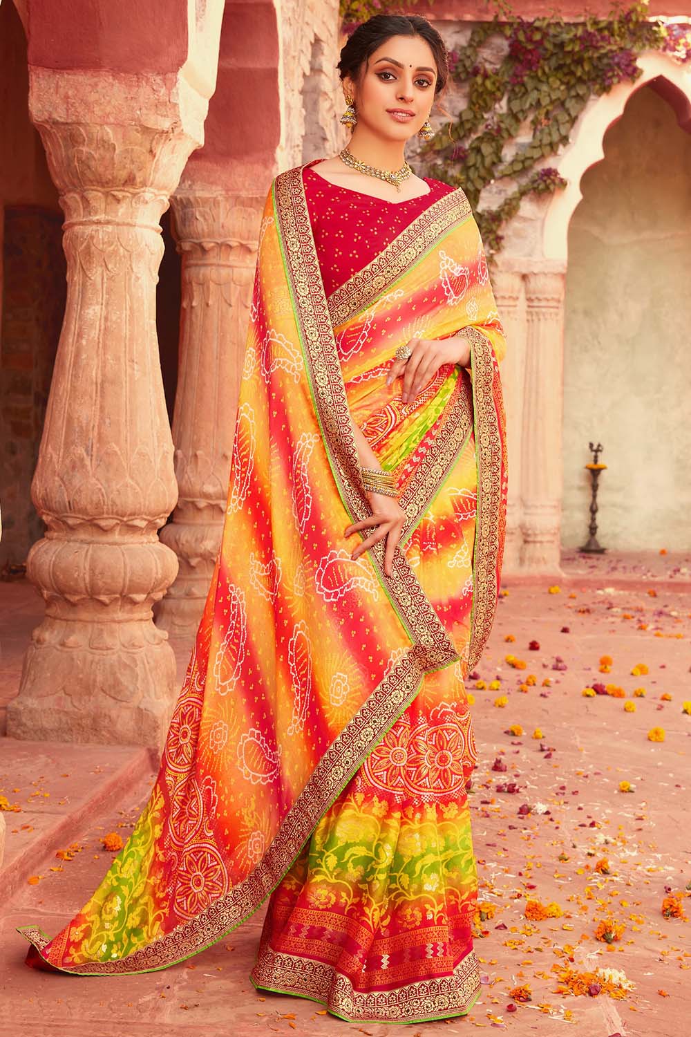 Buy Pink Satin Bandhani Saree With Unstitched Blouse Piece