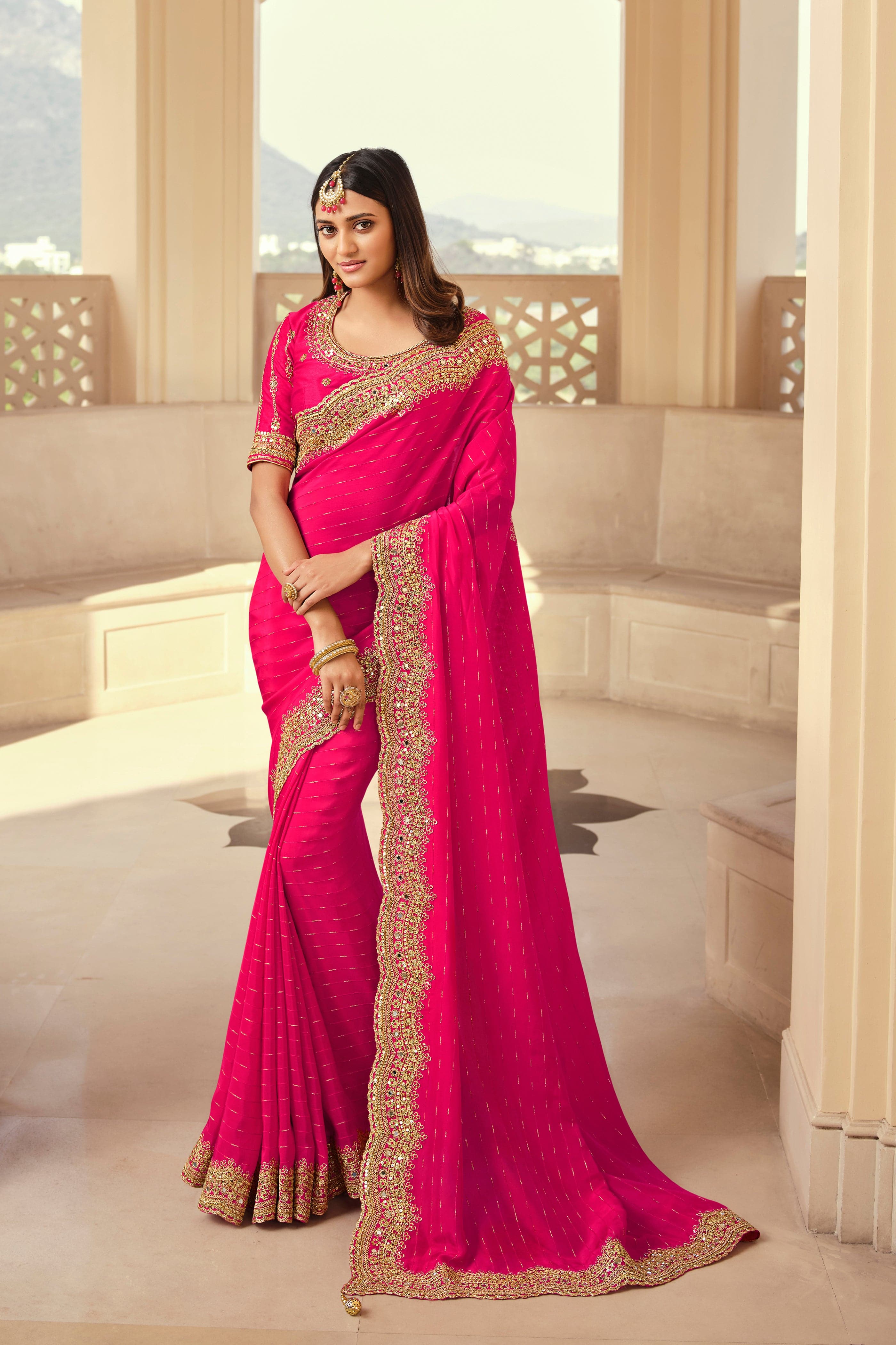 Fantastic Double Blouse Concept Embroidery Work Rani Pink Color Saree