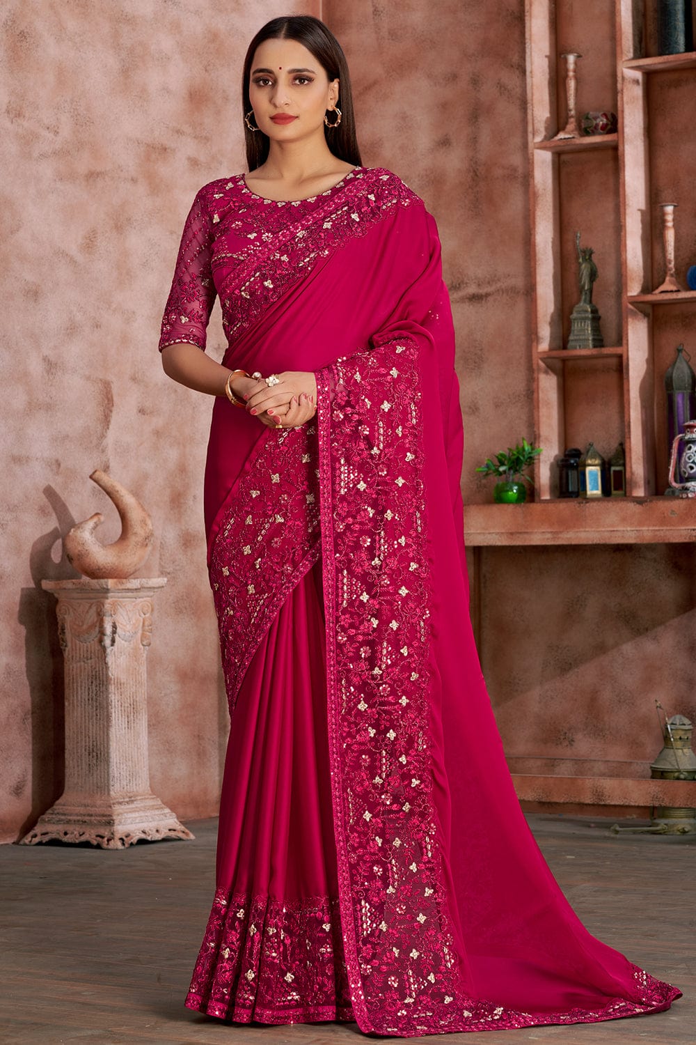 Buy Women Dark Pink Foil Print Ruffled Pre-Stitched Saree (Without Blouse)  - Feed-Sarees - Indya