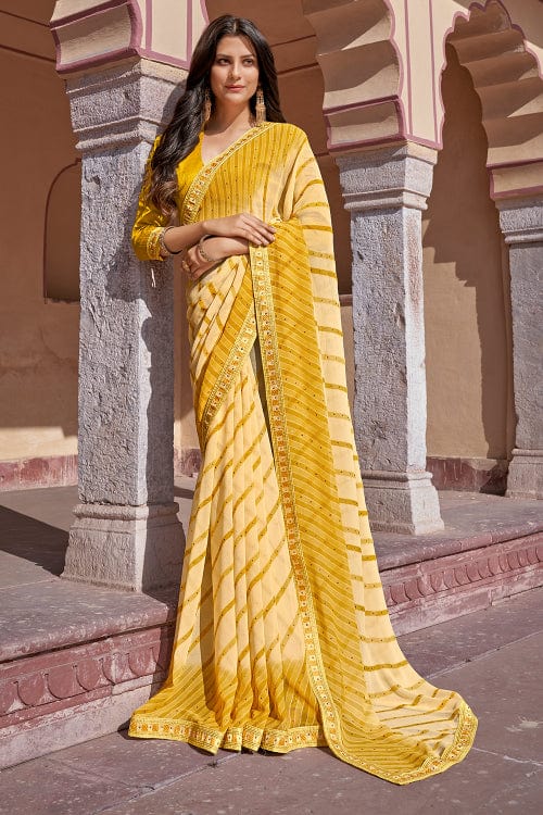 Buy Lemon Yellow Zariwork Georgette Saree - Koskii