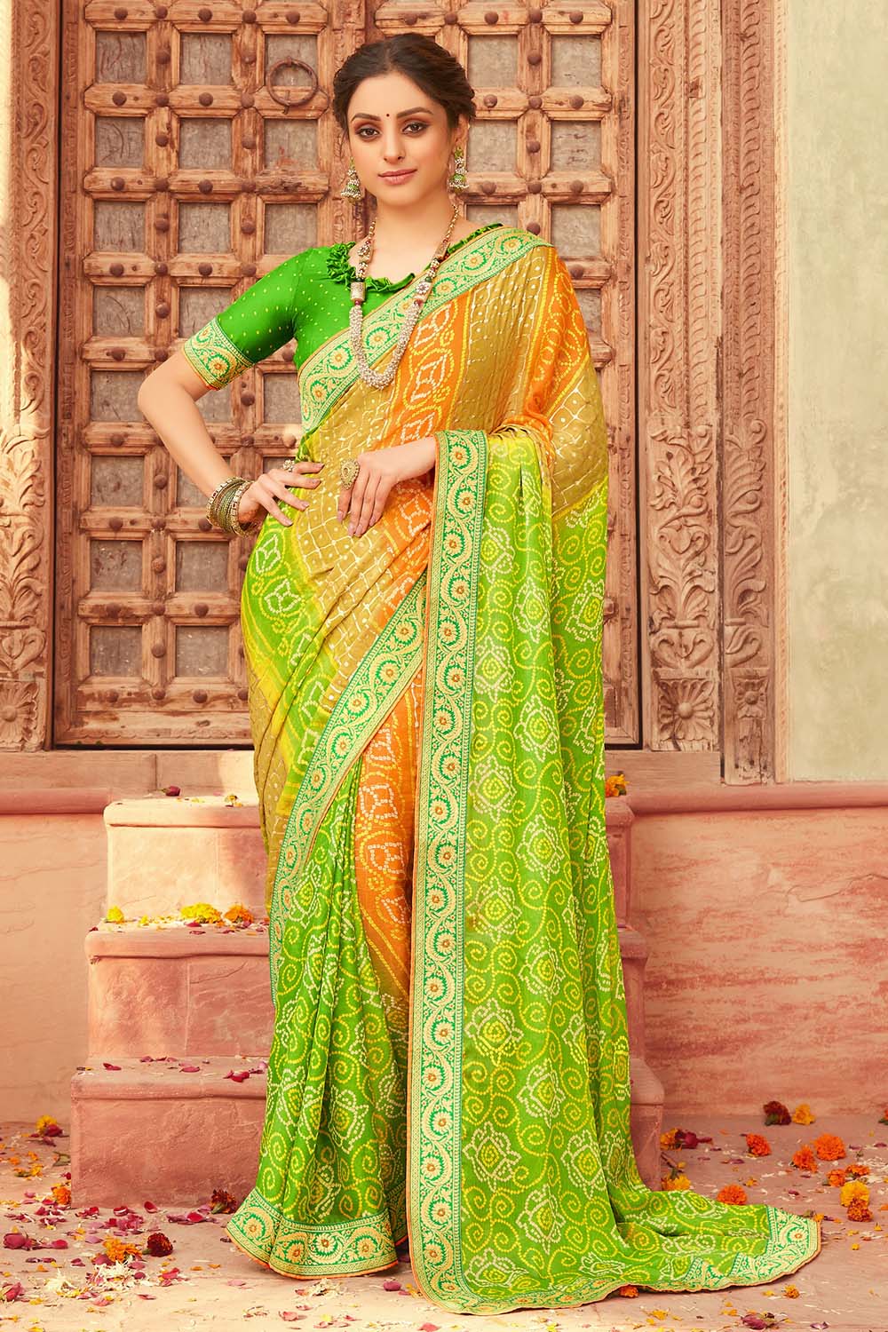 LIME GREEN WOVEN PURE GEORGETTE BANDHANI SAREE WITH BANARASI SILK BORD –  zarikaariindia.com