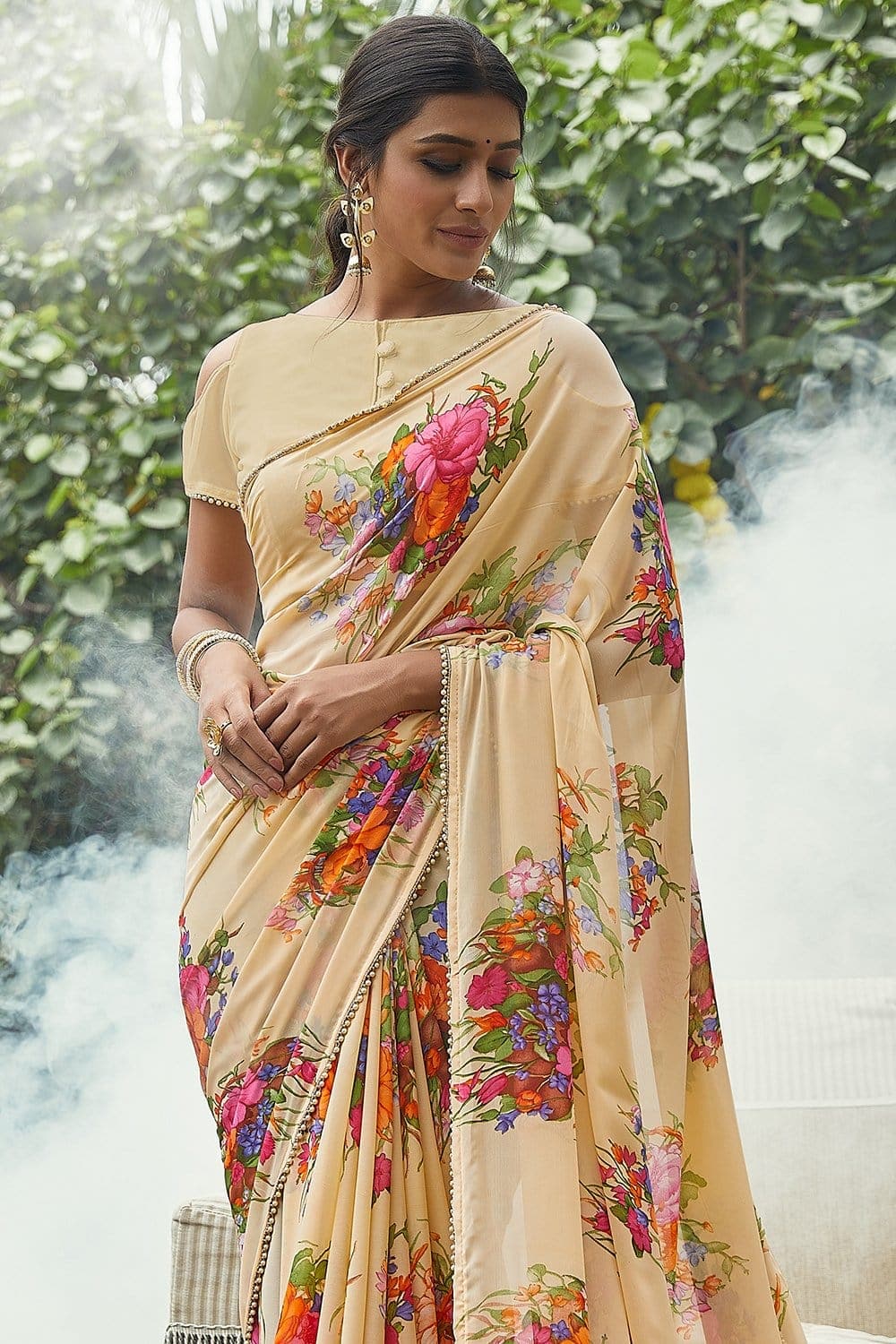 Printed Georgette Sarees Rose Print Georgette Sarees With Plain Blouse –  Lady India