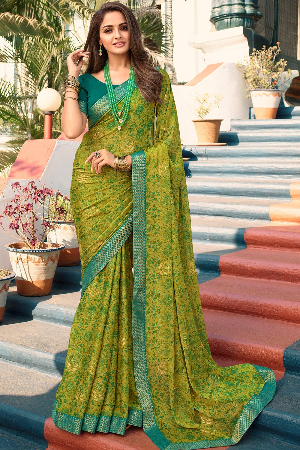 Olive Green Organza Saree with Dori, Sequins & Zari work-(Pre-Order) –  Ethnos