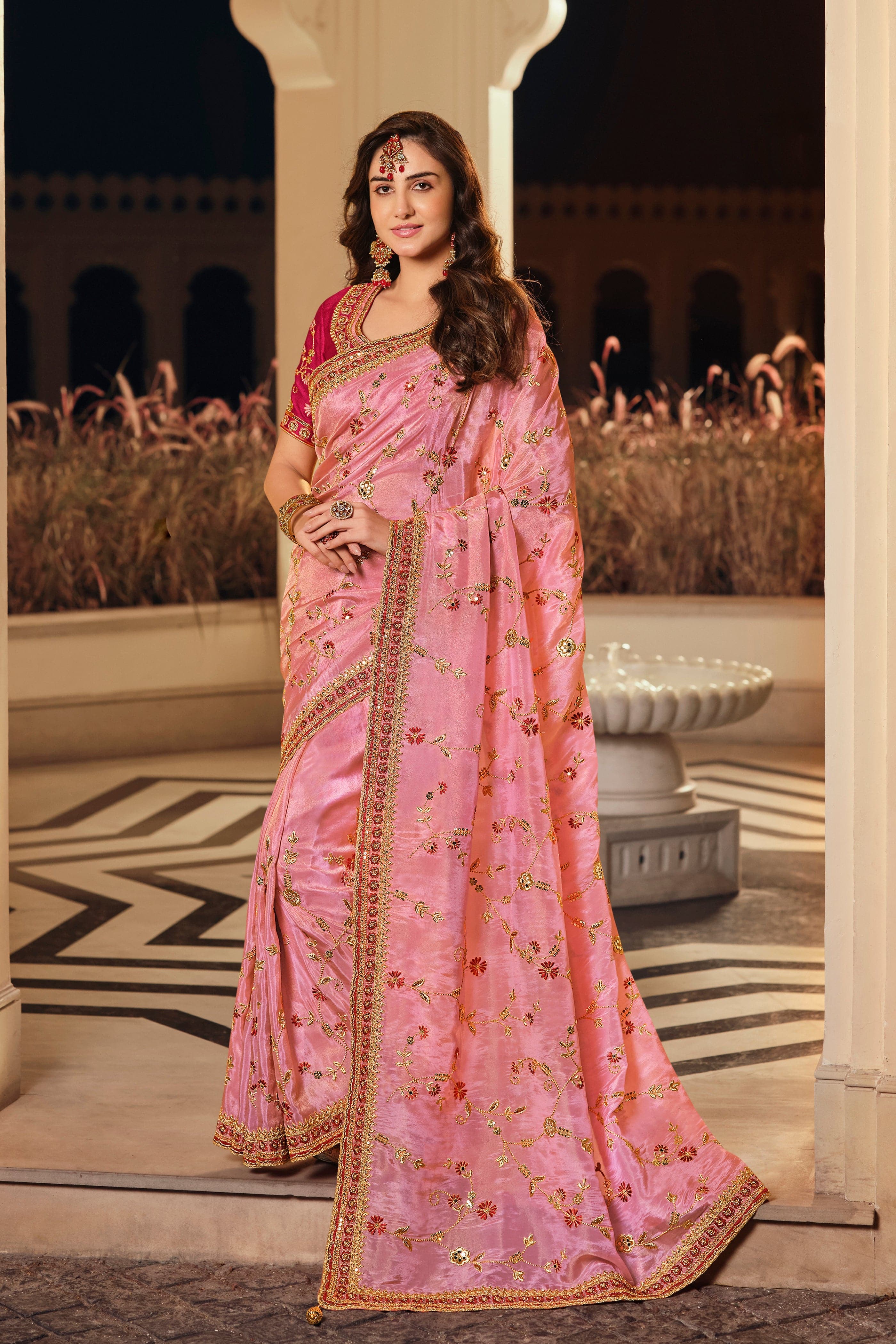 PINK GEORGETTE SAREE WITH APPLIQUE EMBROIDERY WORK – SHANGRILA DESIGNER