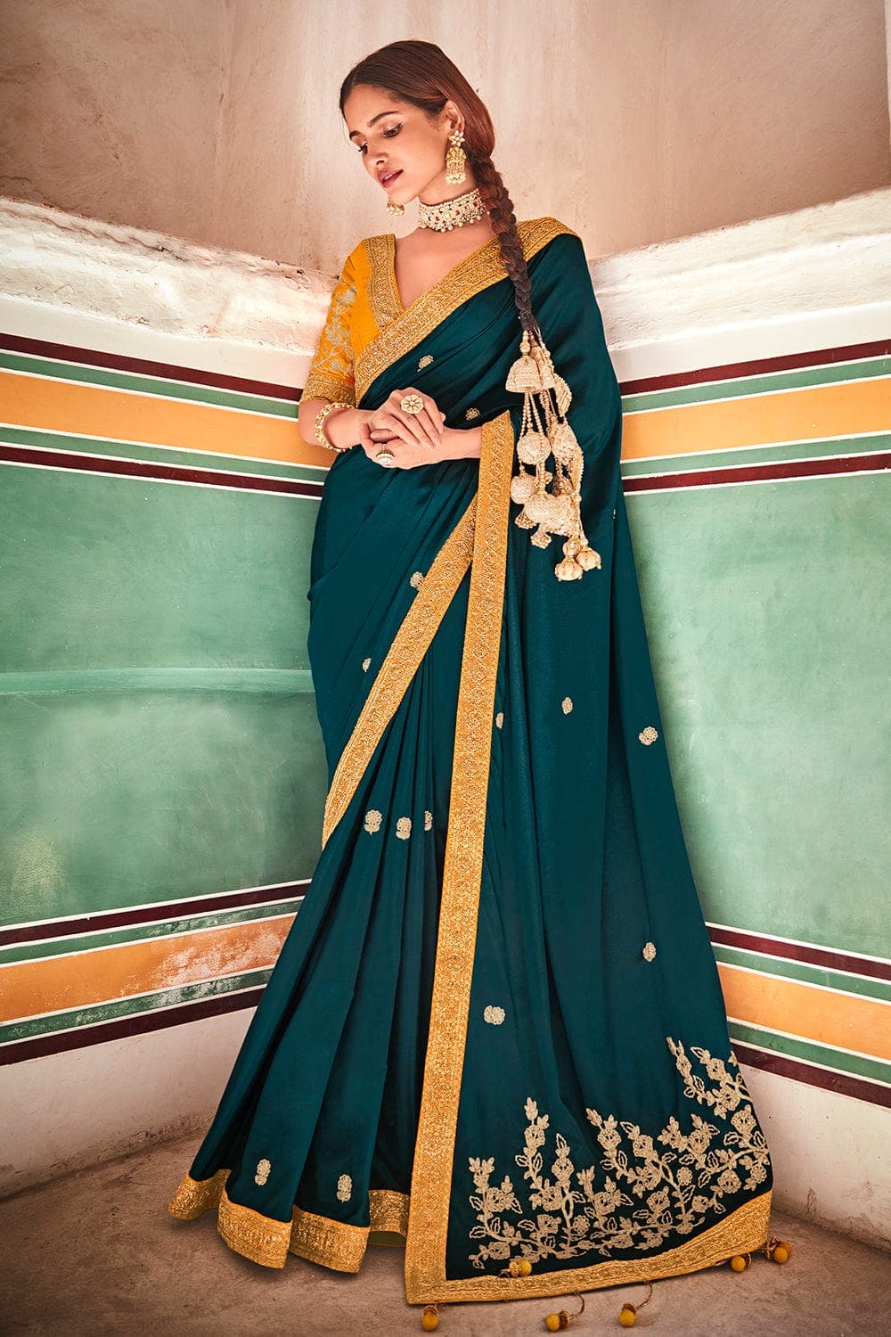 Green Printed Georgette Saree With Tassels