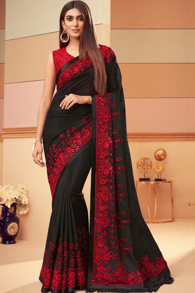 Black & Red Four Seasons Solid Fashion Poly Georgette Saree (black, Red) -  Fs9707 at Best Price in Surat | Shreelekha Silk Mills