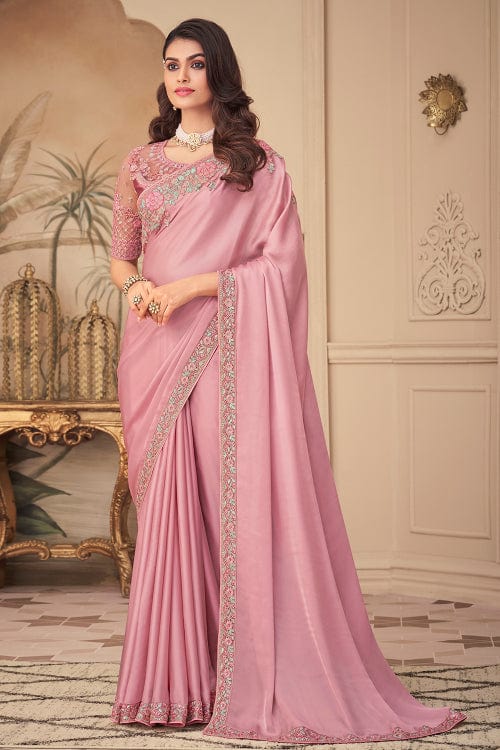 Engaging Silk Fabric Pink Color Saree With Boat Neck Blouse