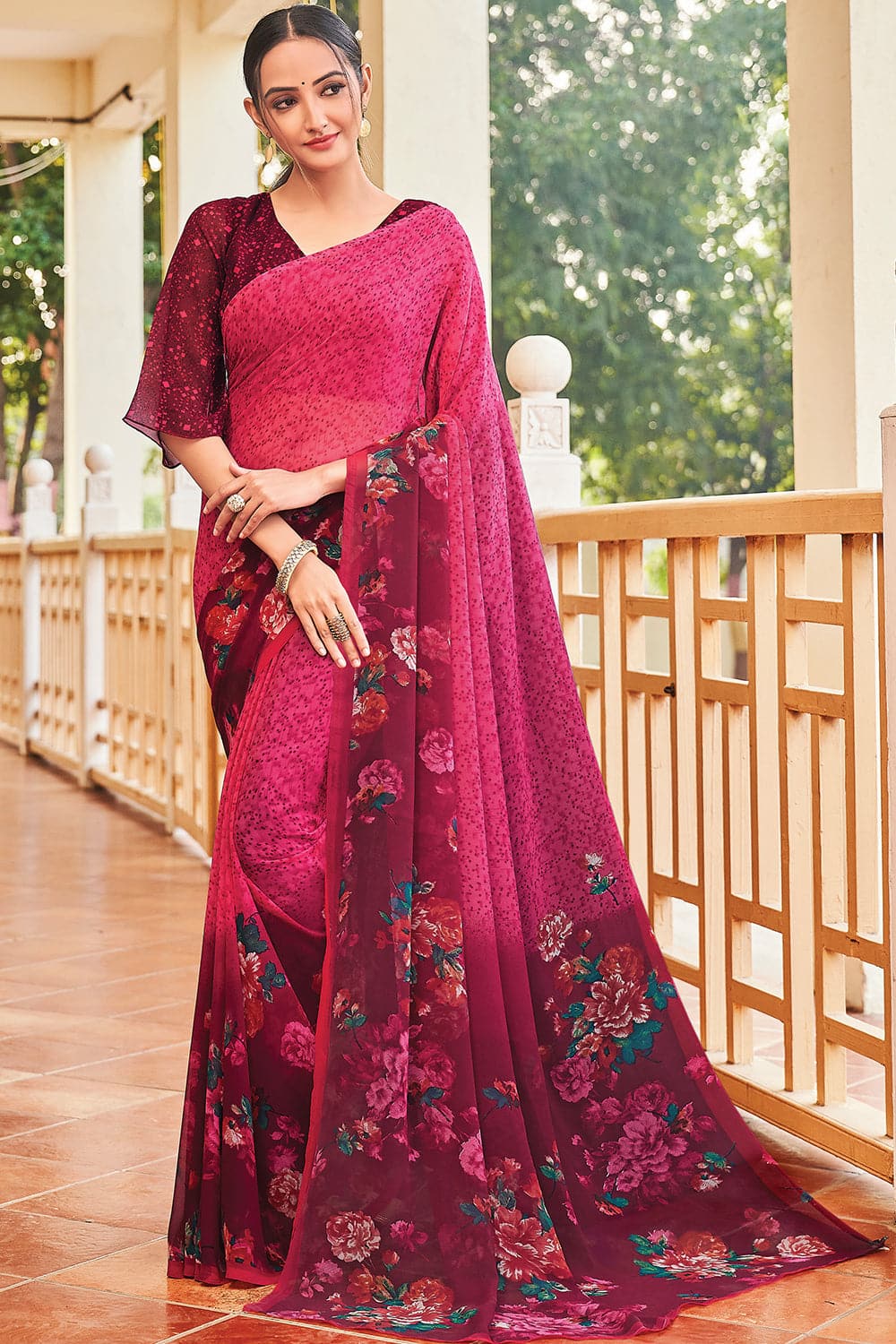 Georgette Casual Wear Embroidered Dark Pink Designer Saree at Rs 1299 in  Delhi