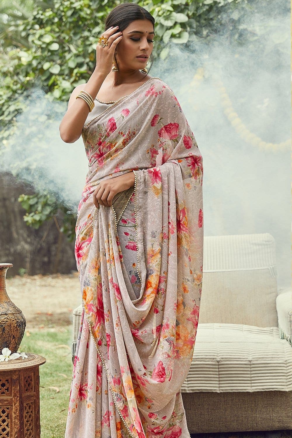 Green Viscose Georgette Saree with Floral Embroidered Border -...