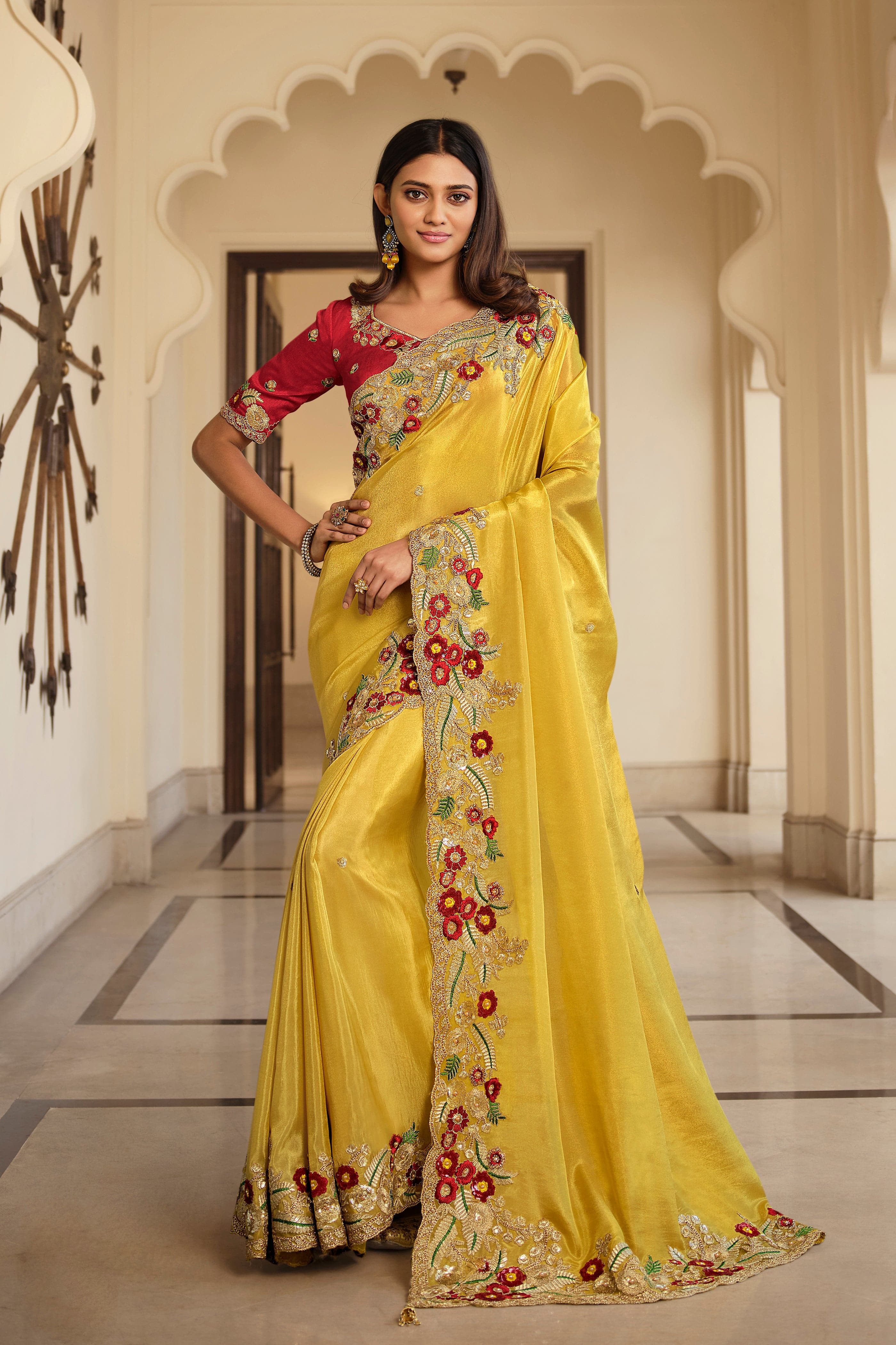 Shop Embroidered Dola Silk Designer Saree Yellow