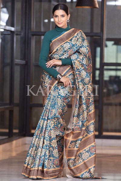 Blue Kalamkari HandPainted Chennuri Silk Saree - SSEthnics