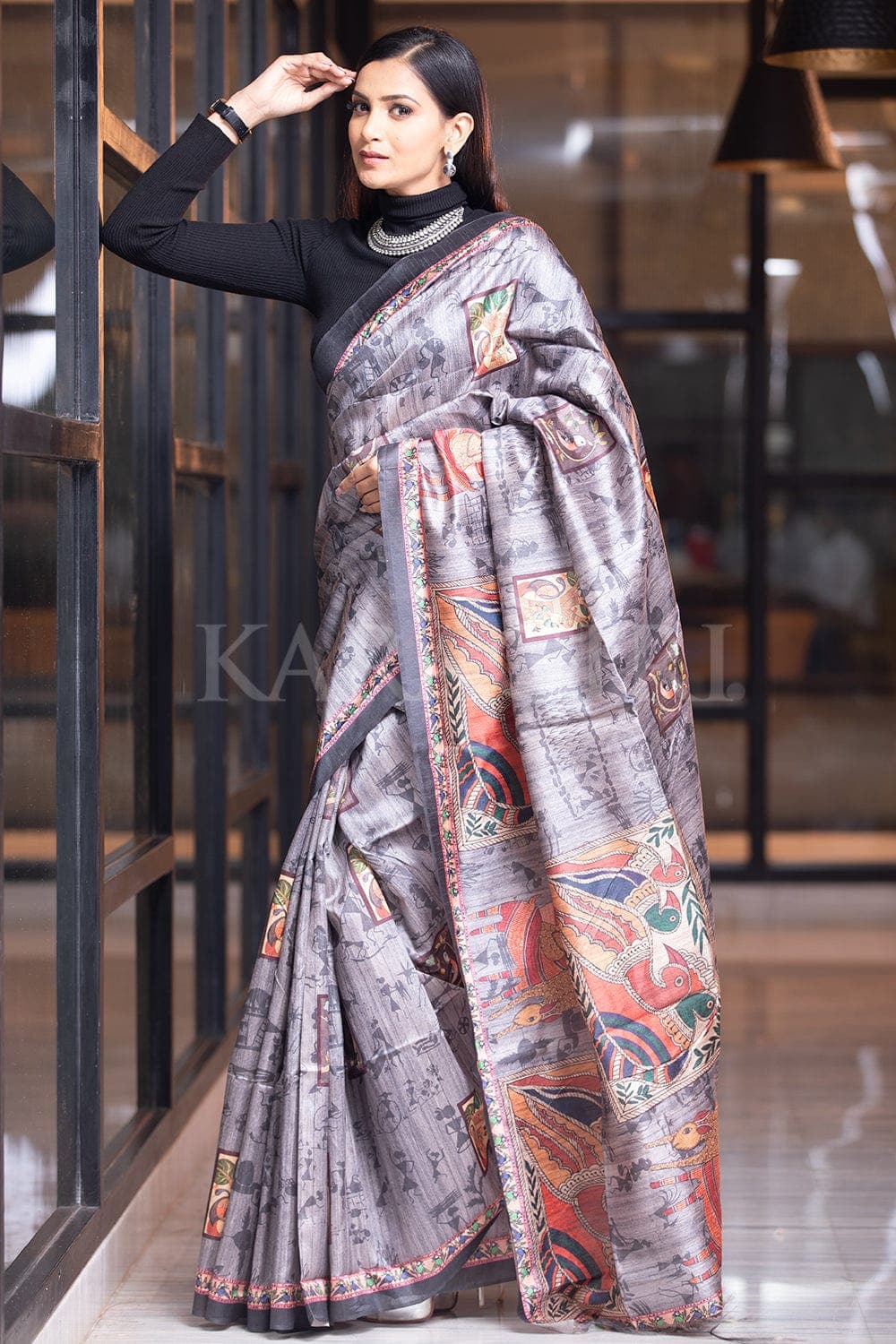 Modern Look Linen Printed Saree with Latkan & Silver Jari Patta -Style Array