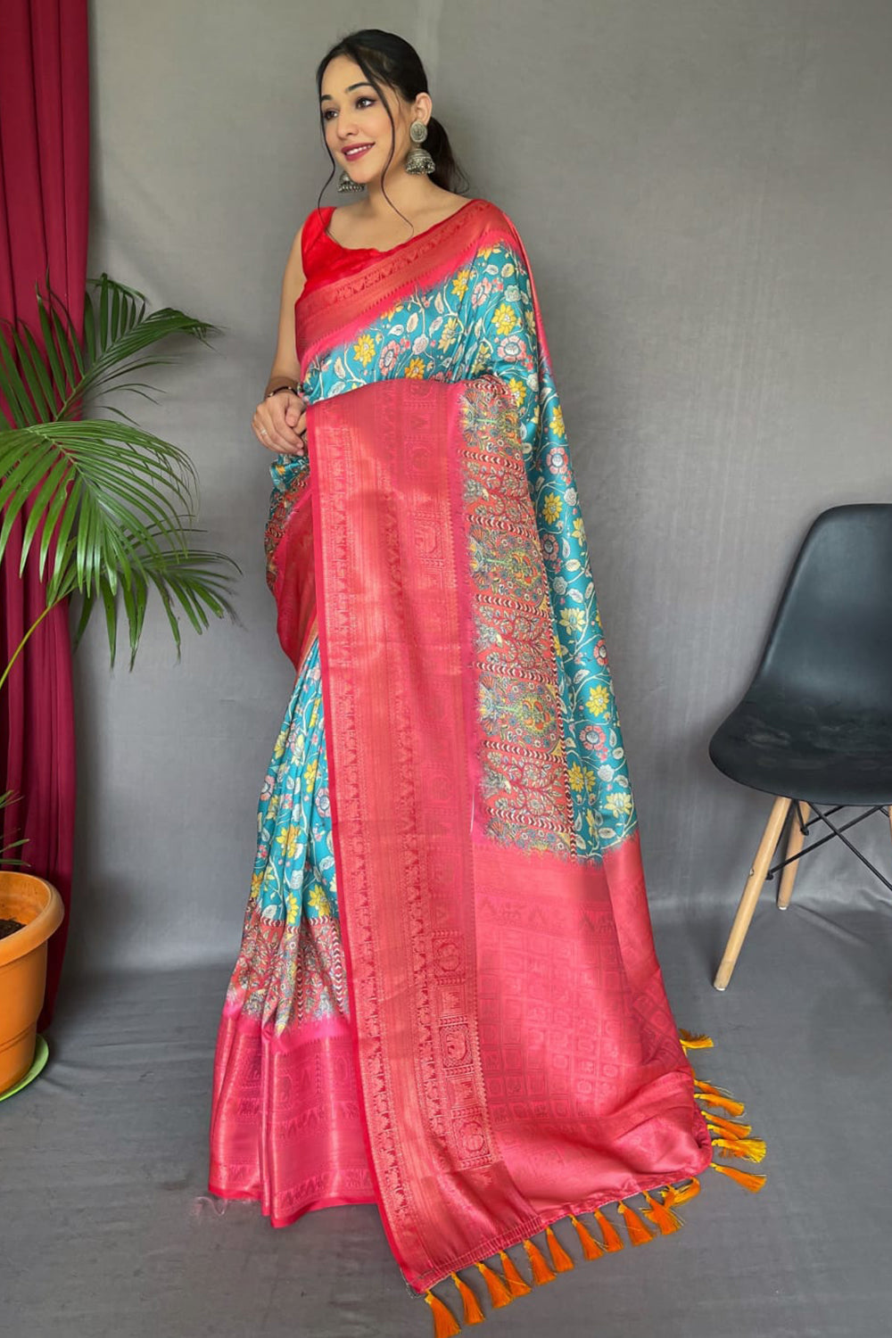 blue kalamkari saree