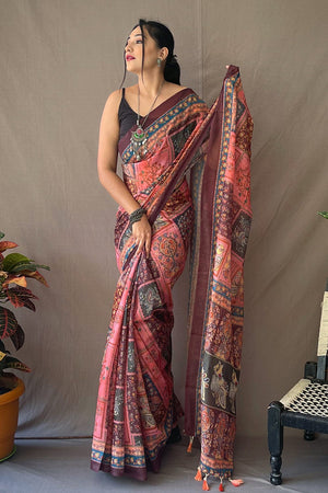 Buy Mahogany Red Lycra Saree online-KARAGIRI