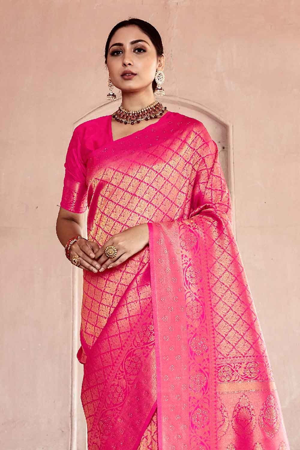 Kanjivaram Fusion Saree Deep Pink Zari Woven Kanjivaram Fusion Saree With Swaroski saree online