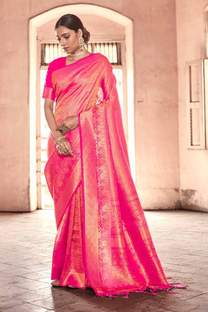 kanjivaram fusion saree hot pink zari woven kanjivaram fusion saree with swaroski silk saree online