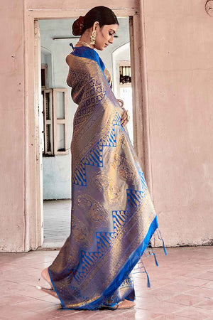 Fashionable Cocktail Wear Blue Beige Lycra Net Silk Indo Western Saree