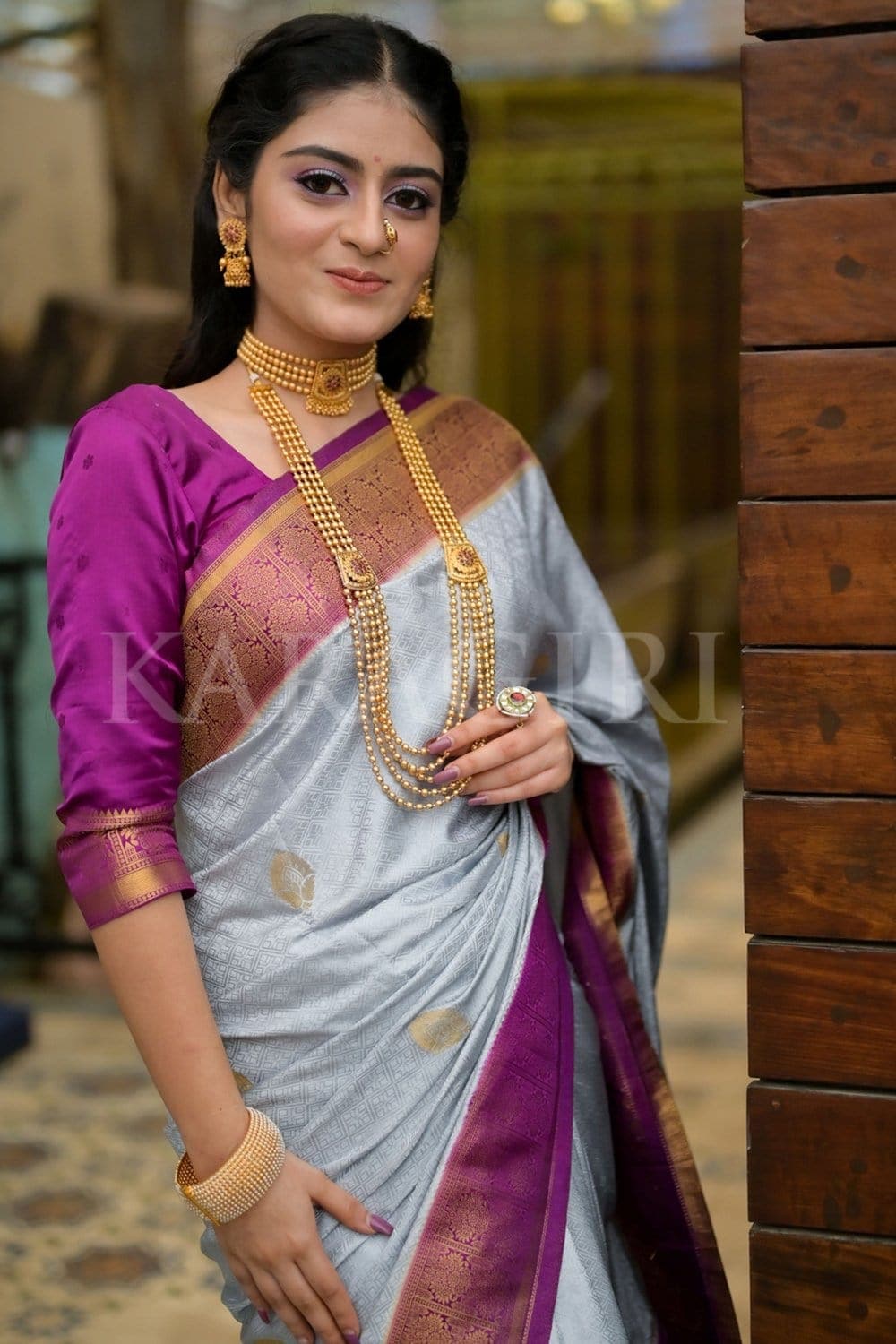 White & Golden Kanjivaram Saree Blouse with Pink Ikkat Border and Pallu |  TST | The Silk Trend