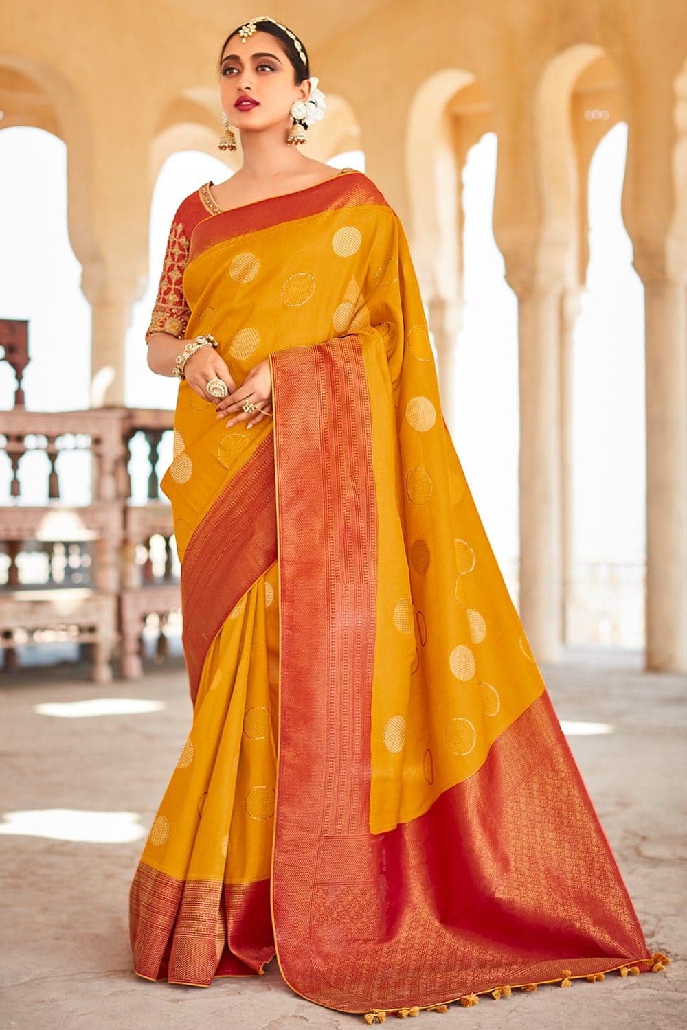 Yellow kanchipuram silk saree at kanjivaramsilks.com | Blue blouse designs,  Bridal sarees south indian, Wedding saree blouse designs