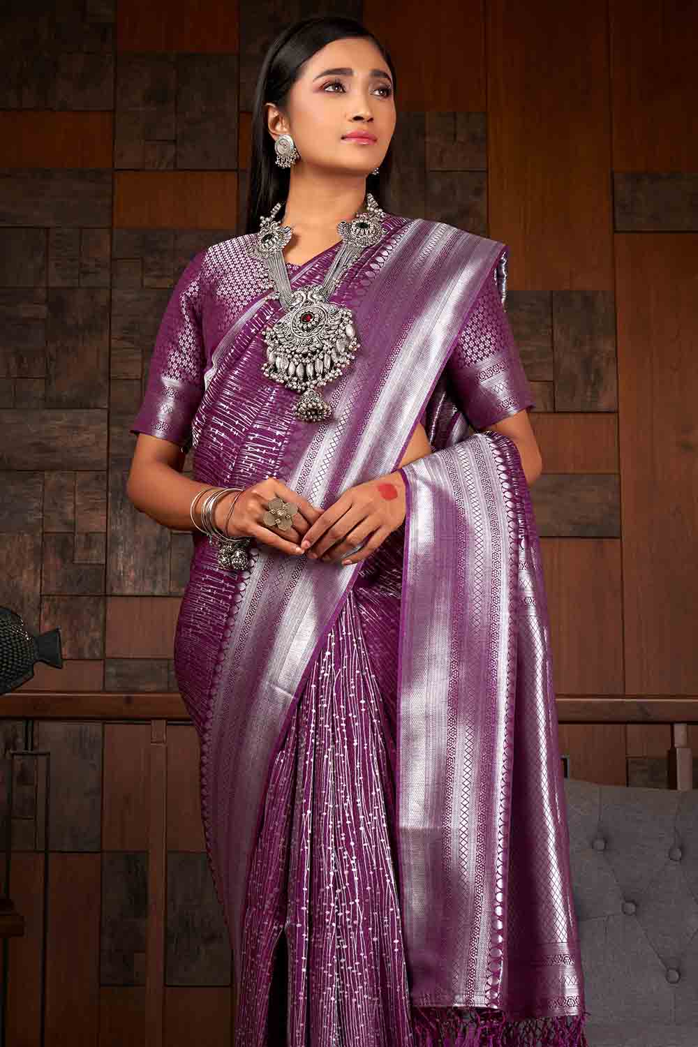 Dahlia Purple Woven Kanjivaram Silk Saree – Zari Banaras