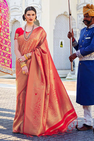 Cherry Red Woven Kanjivaram Silk Saree - Shaaola.com