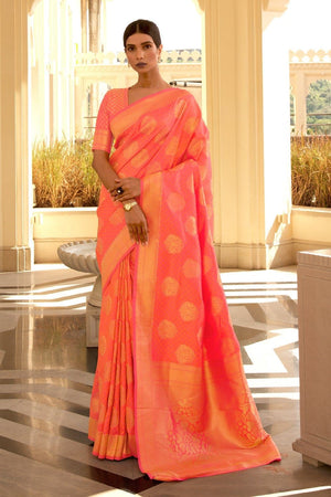 Peach Floral Woven Design Kanjivaram Silk Saree