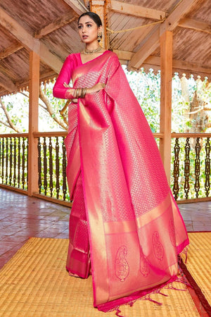 Buy the elegant Candy Red Shimmery Kanjivaram Saree online-Karagiri