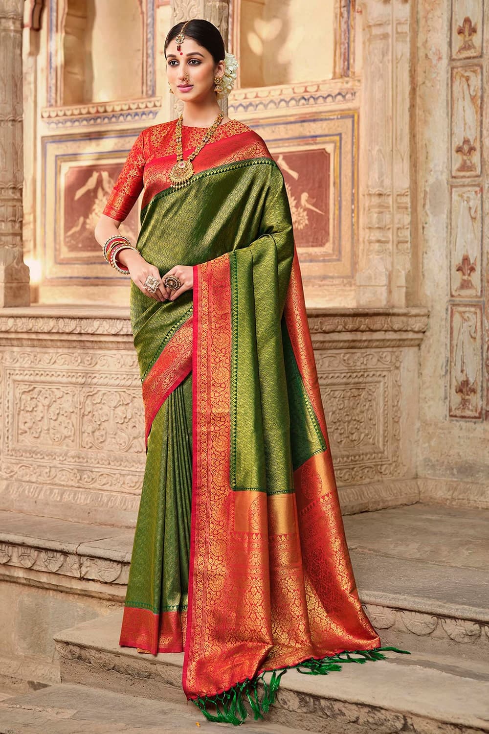 Handwoven Cotton Silk Red Green Saree|Triumphant Tara|Suta