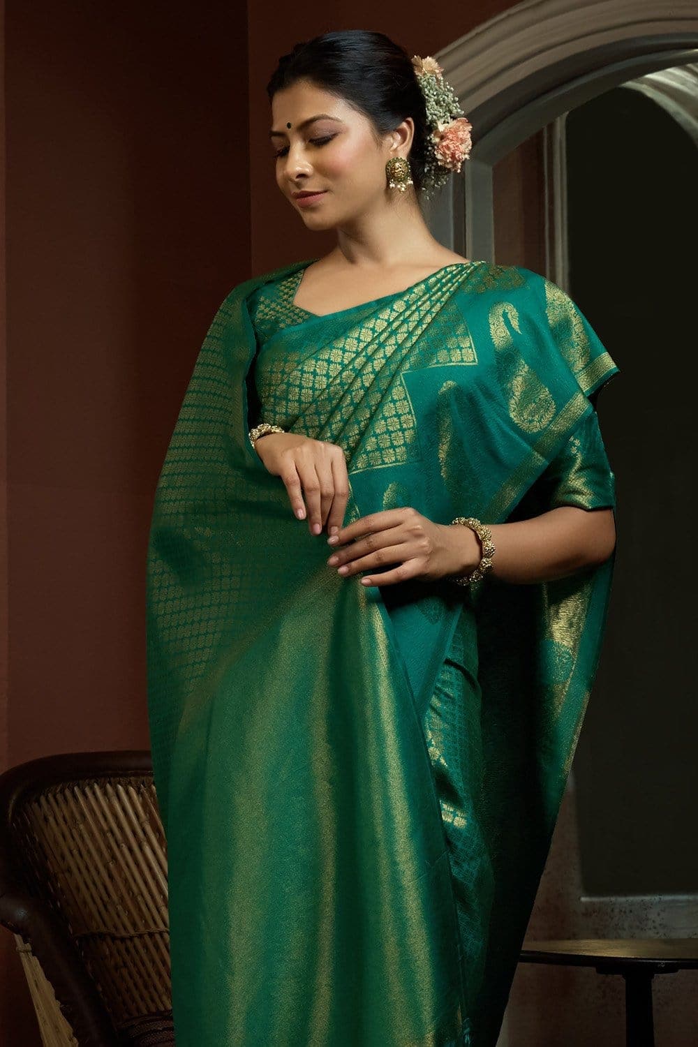 Lightweight multicolour checks saree in traditional combination of green,  mustard and red. – Meshira