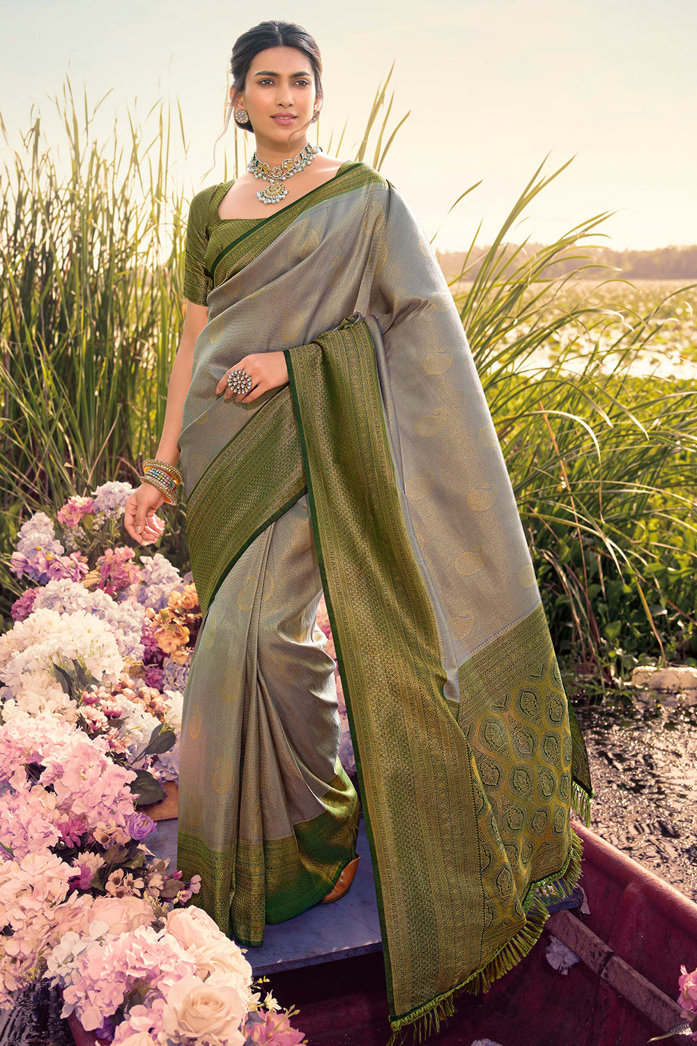 gray kanjivaram saree