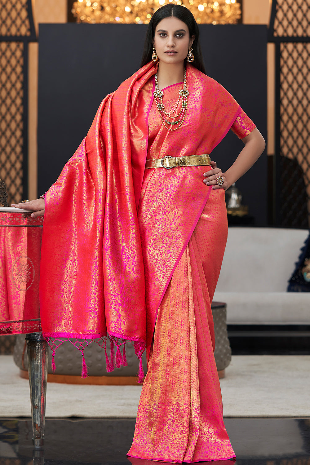 Designer Pink Zari Tissue Silk Saree with Double Blouse SIM03 – Ethnic's By  Anvi Creations