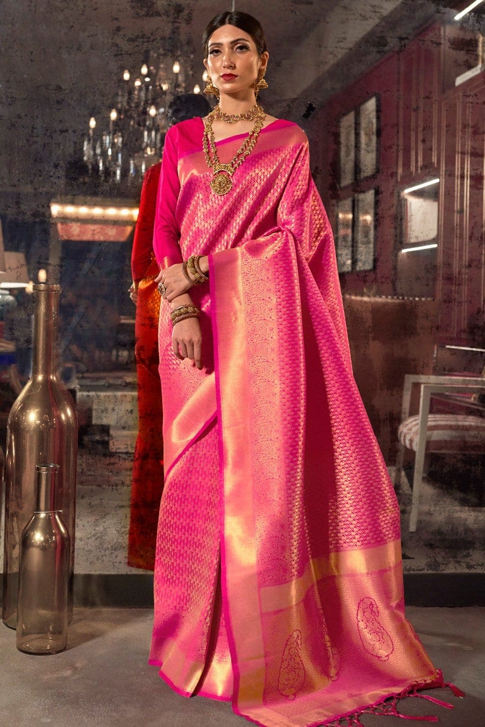 Dark Pink Kanjivaram Saree with Contrast Blouse - Urban Womania