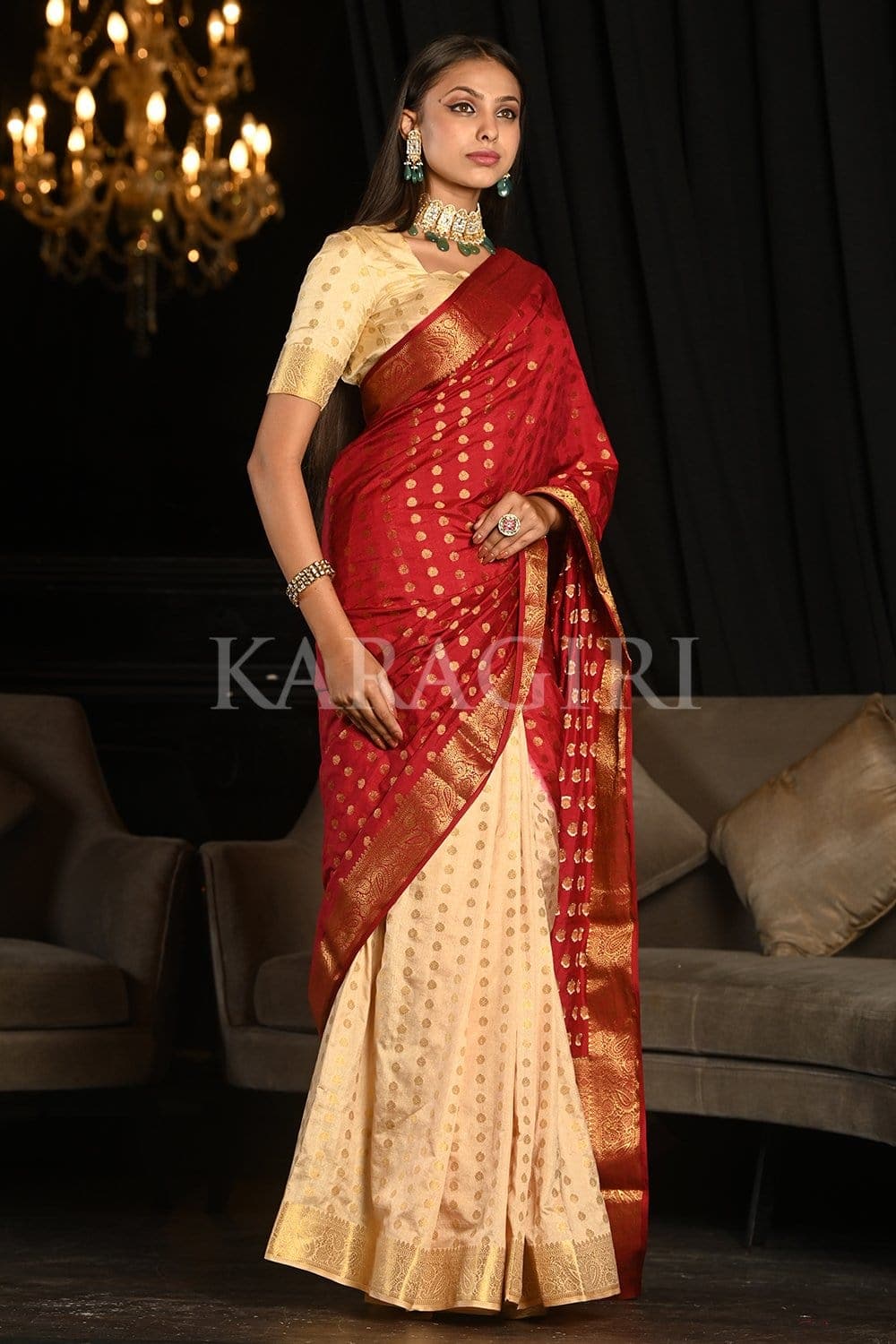 Handloom Cotton Silk Saree in Off White and Maroon : SUUA128