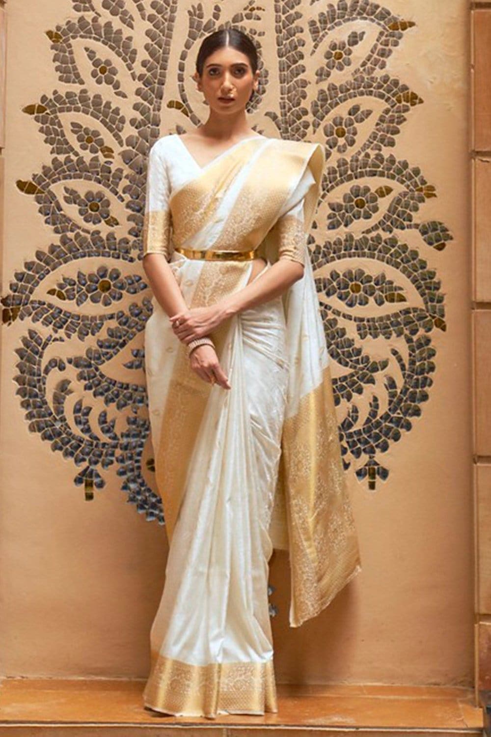 Golden Off White Woven Kanjivaram Saree – RAGA WATCH STORE.