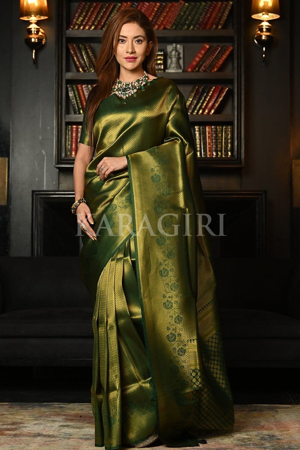 Green Kanjivaram saree with Hand embroidery – WeaveinIndia