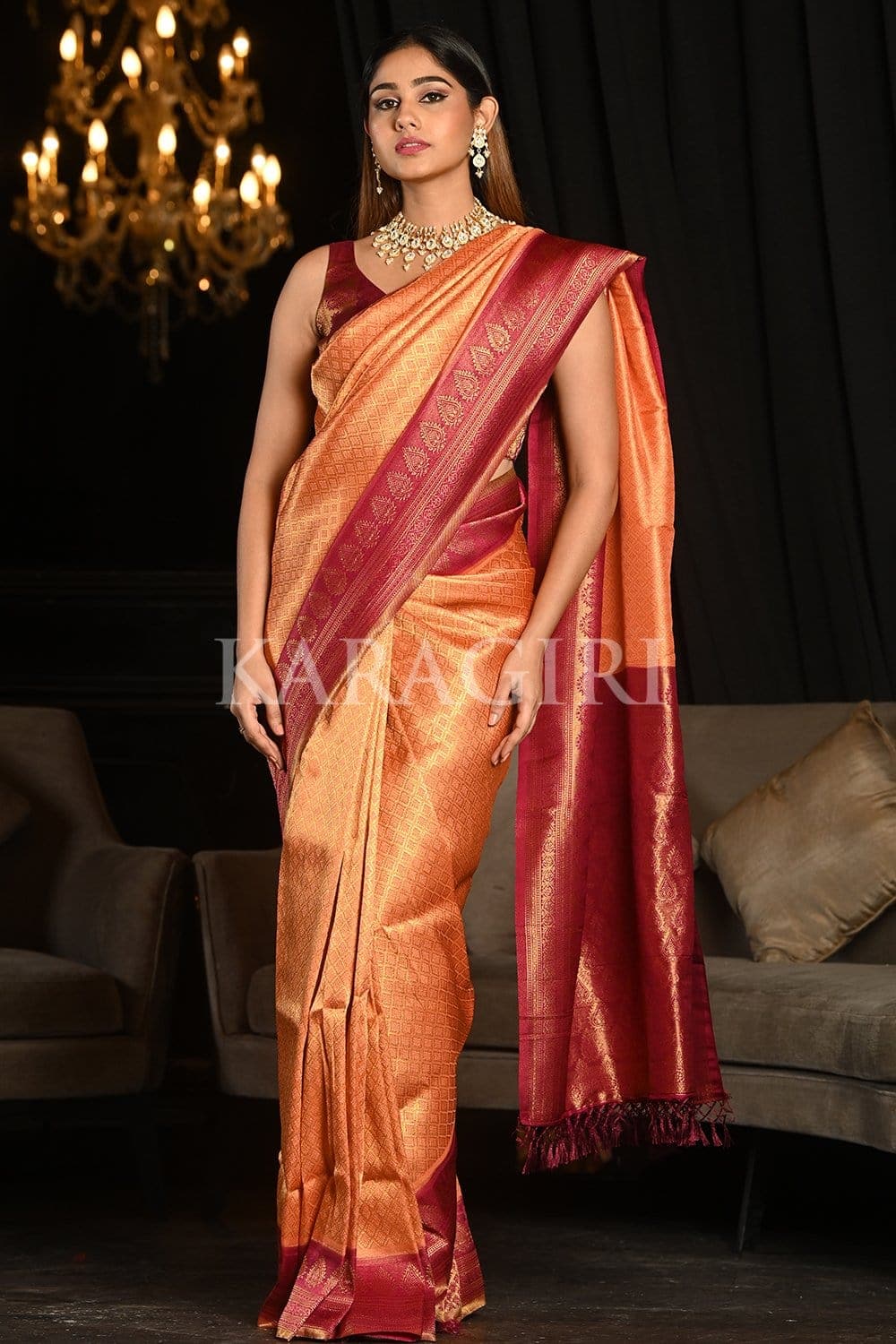 India Meets India Soft Silk Kanjivaram Saree with Beautiful Broad Border  and zari Weaving and Pallu (Peach) - Walmart.com