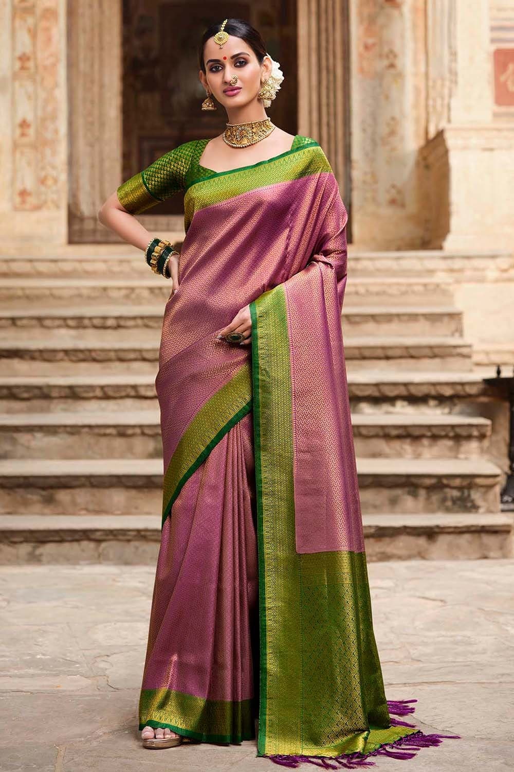 Latest Banarasi SIlk Saree Design in Purple with Green Blouse