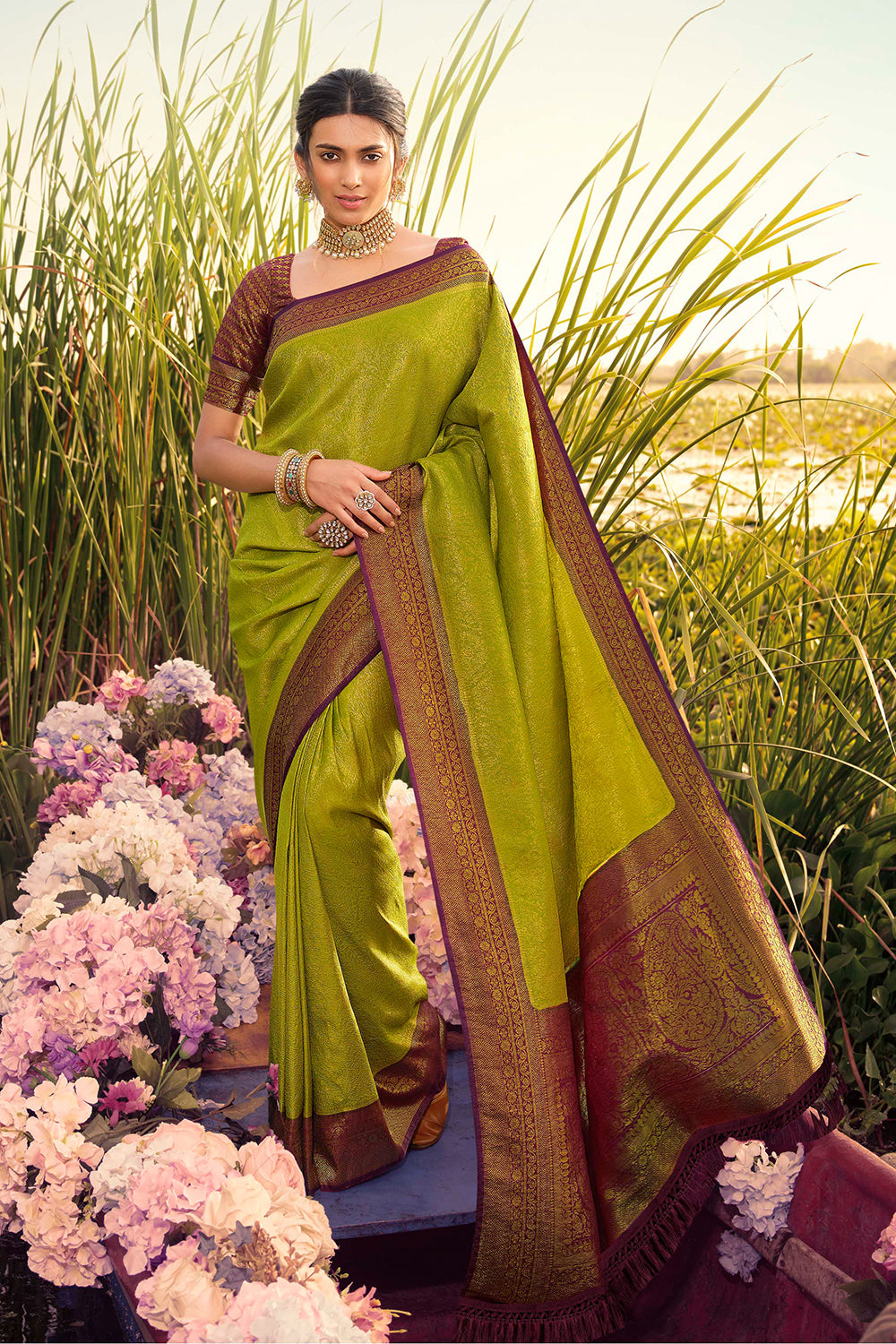 green kanjivaram saree