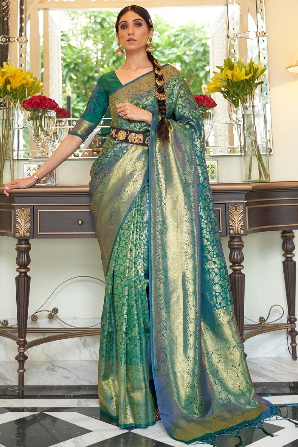 Turquoise Green Silk Saree | Leemboodi