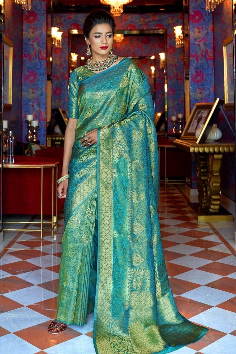 SF-Teal Blue Soft Lichi Silk saree