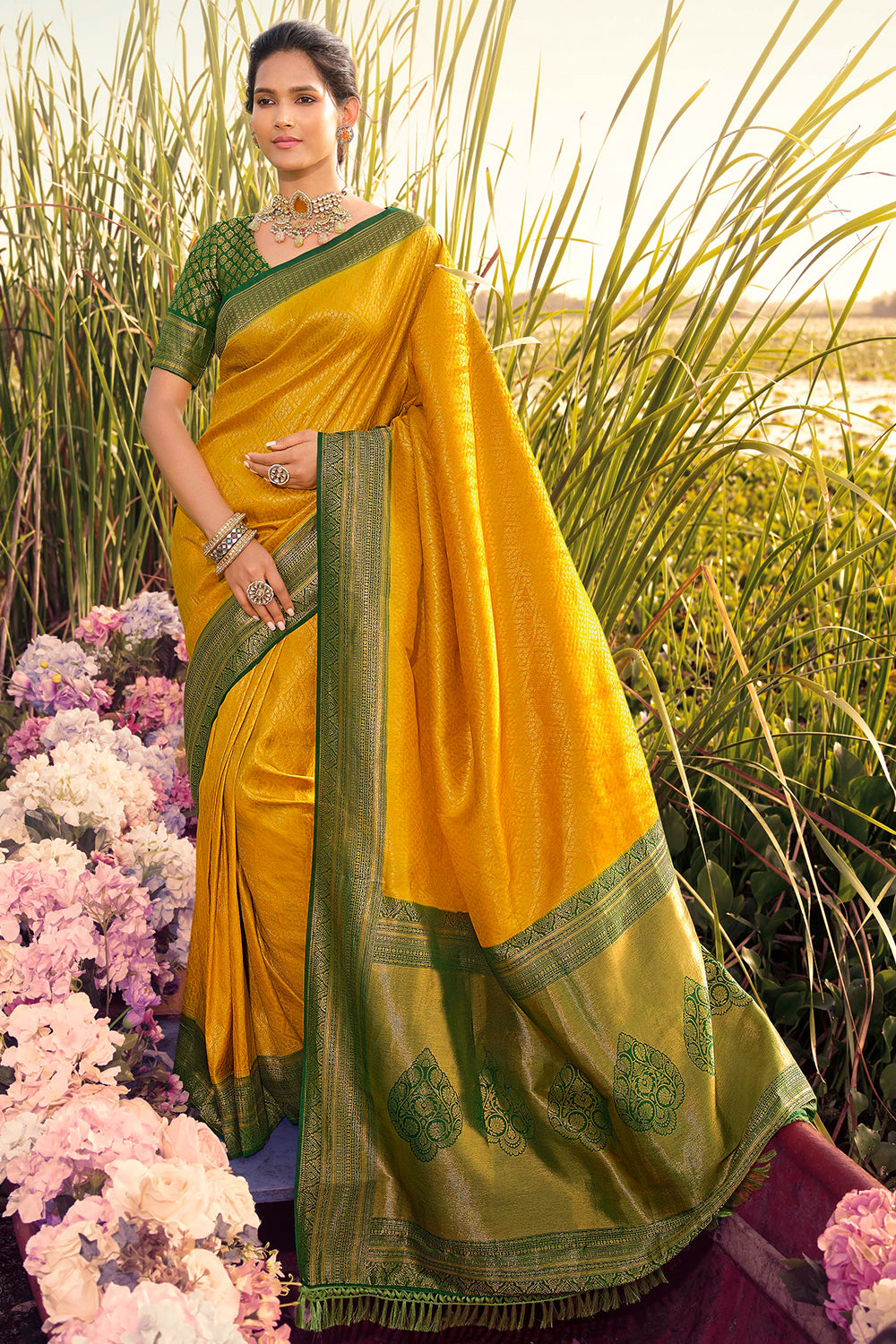 Buy Peach And Yellow Kanjivaram Saree online-Karagiri