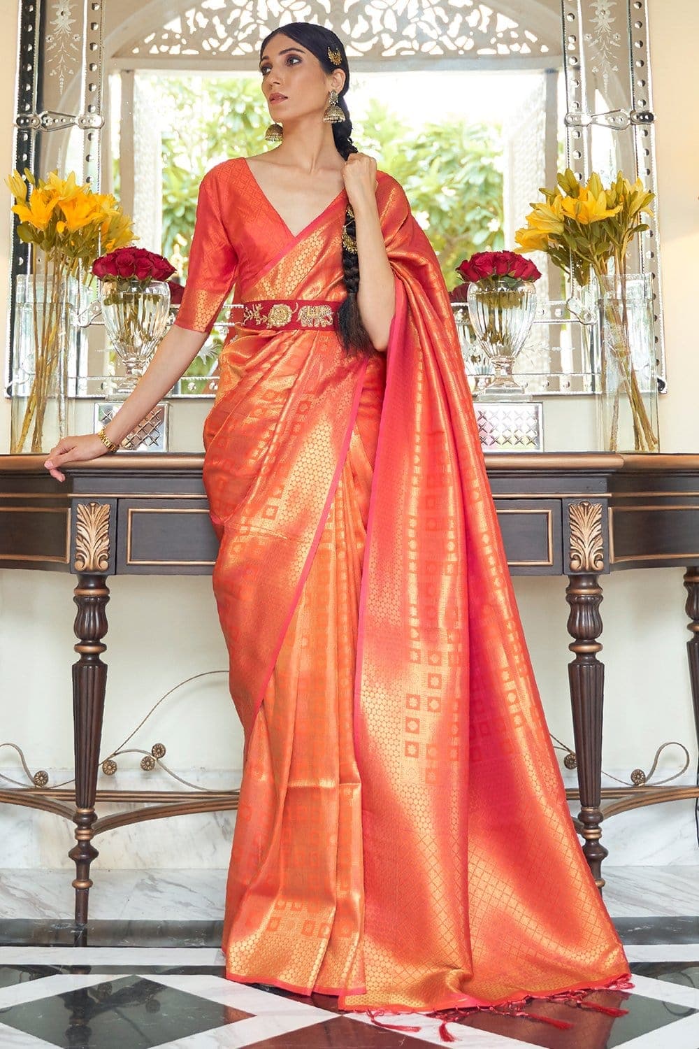 Kanjivaram Silk Saree- Peach – My Clothing Treasure