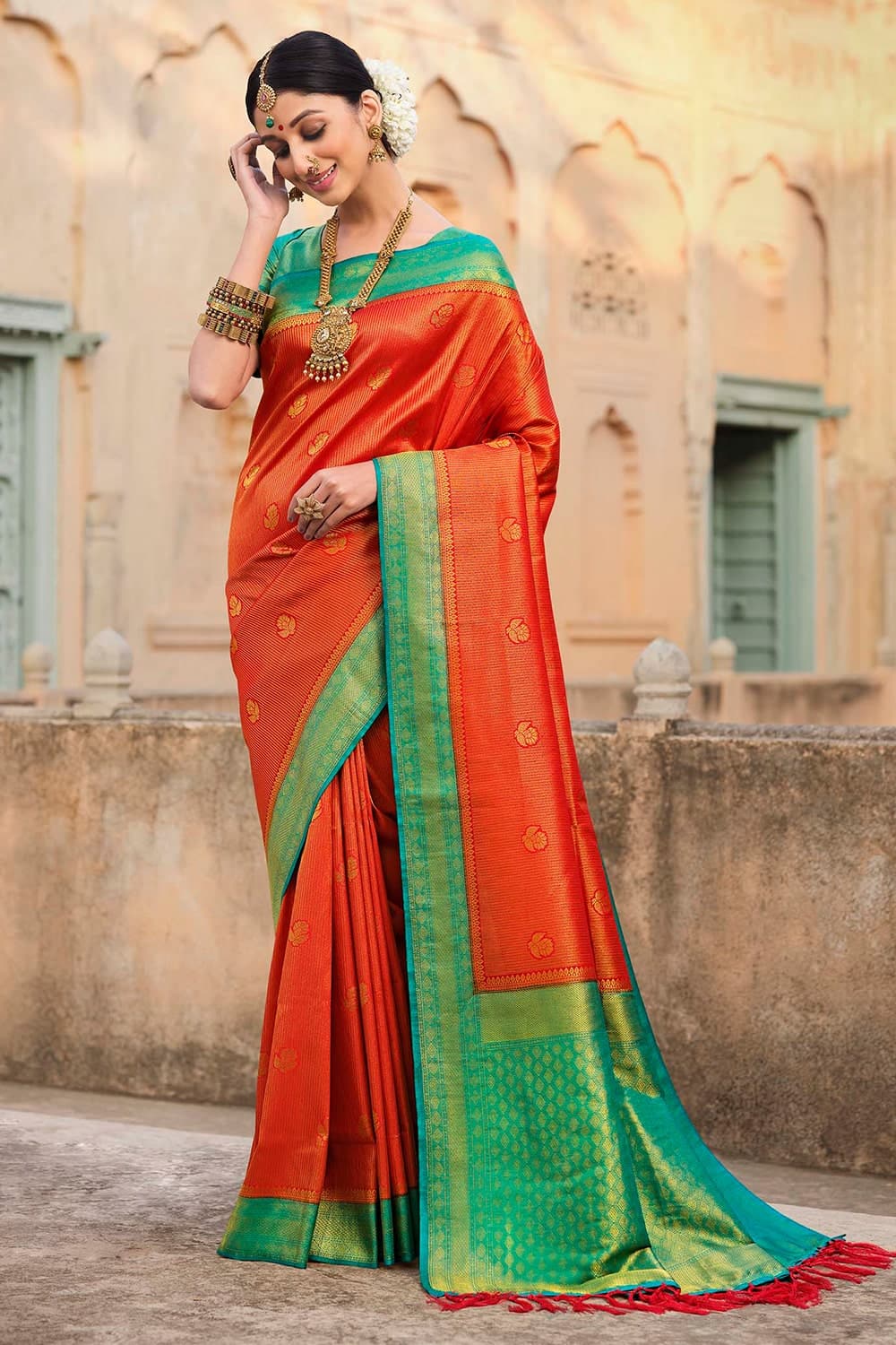 Adorning Orange Organza Silk Saree With Outstanding Blouse P