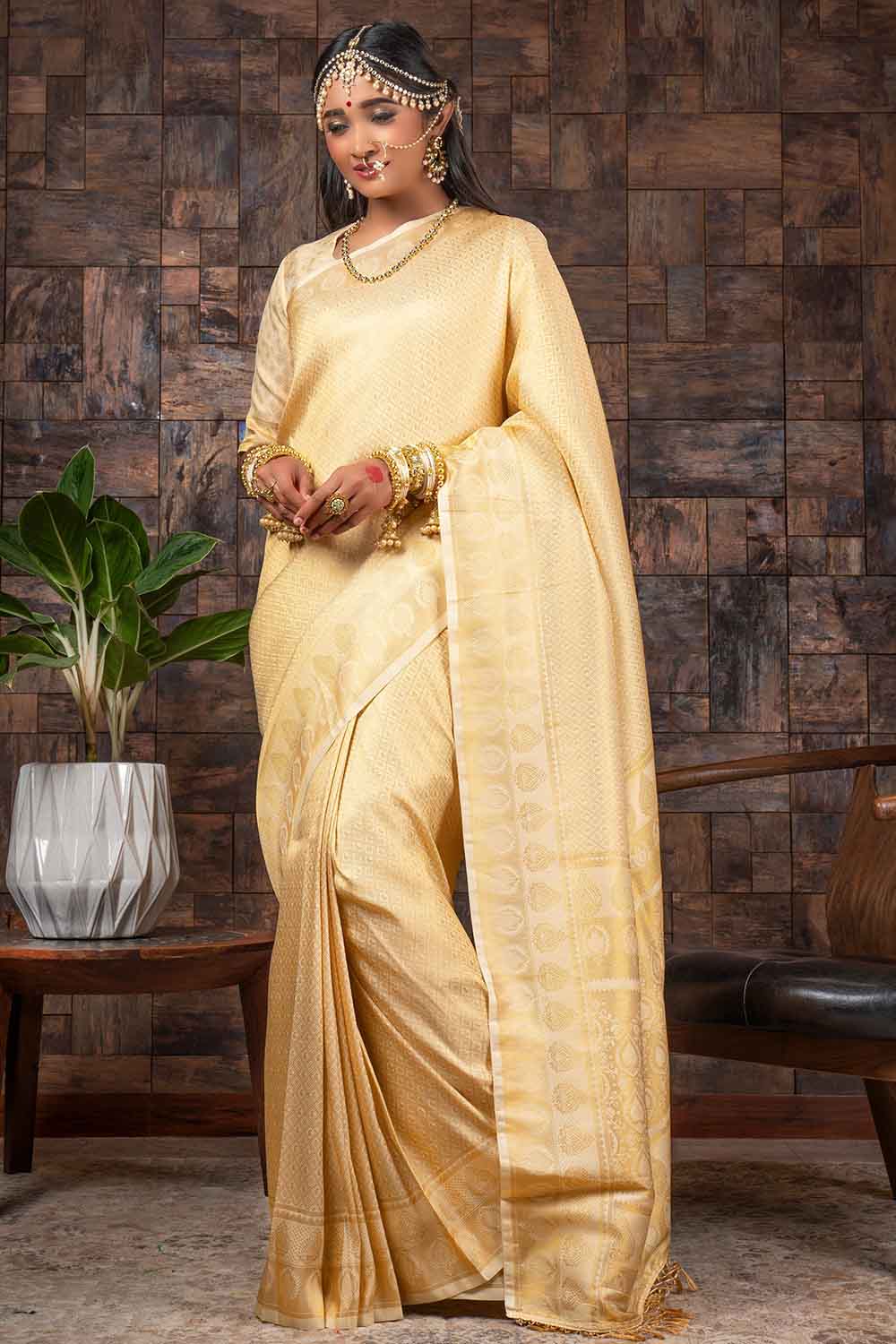 Handloom Almond White Pure Tussar Silk Kanchi Saree with Zari Border