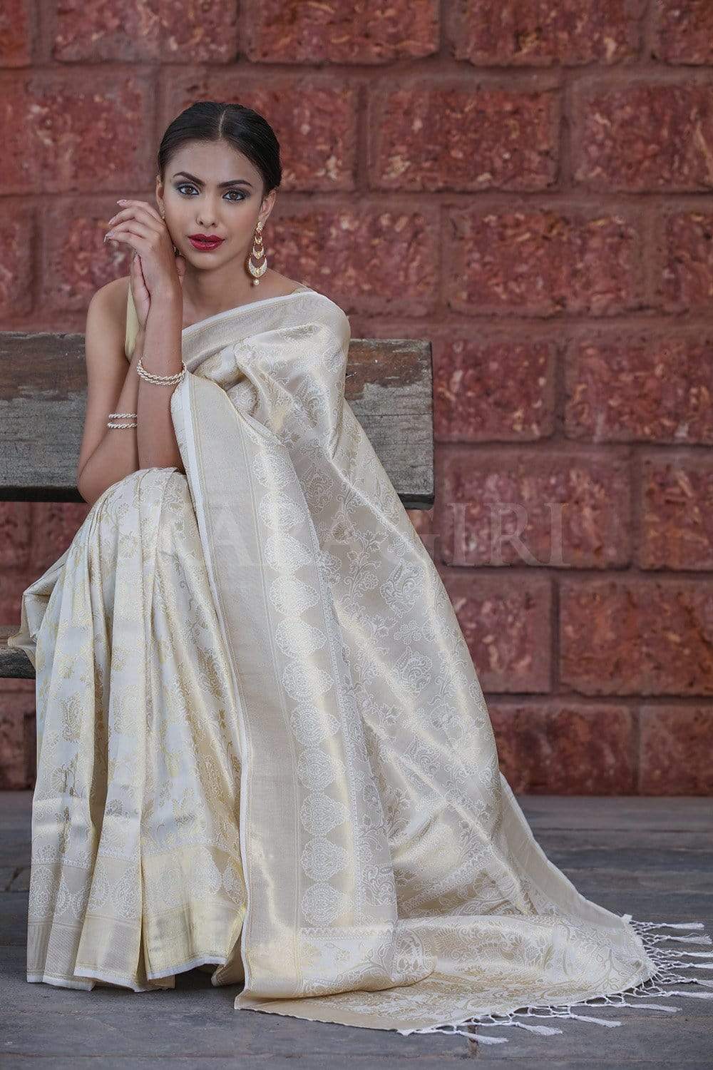 Pearl White Zardozi Hand Embroidered Pure Silk Saree – Talking Threads