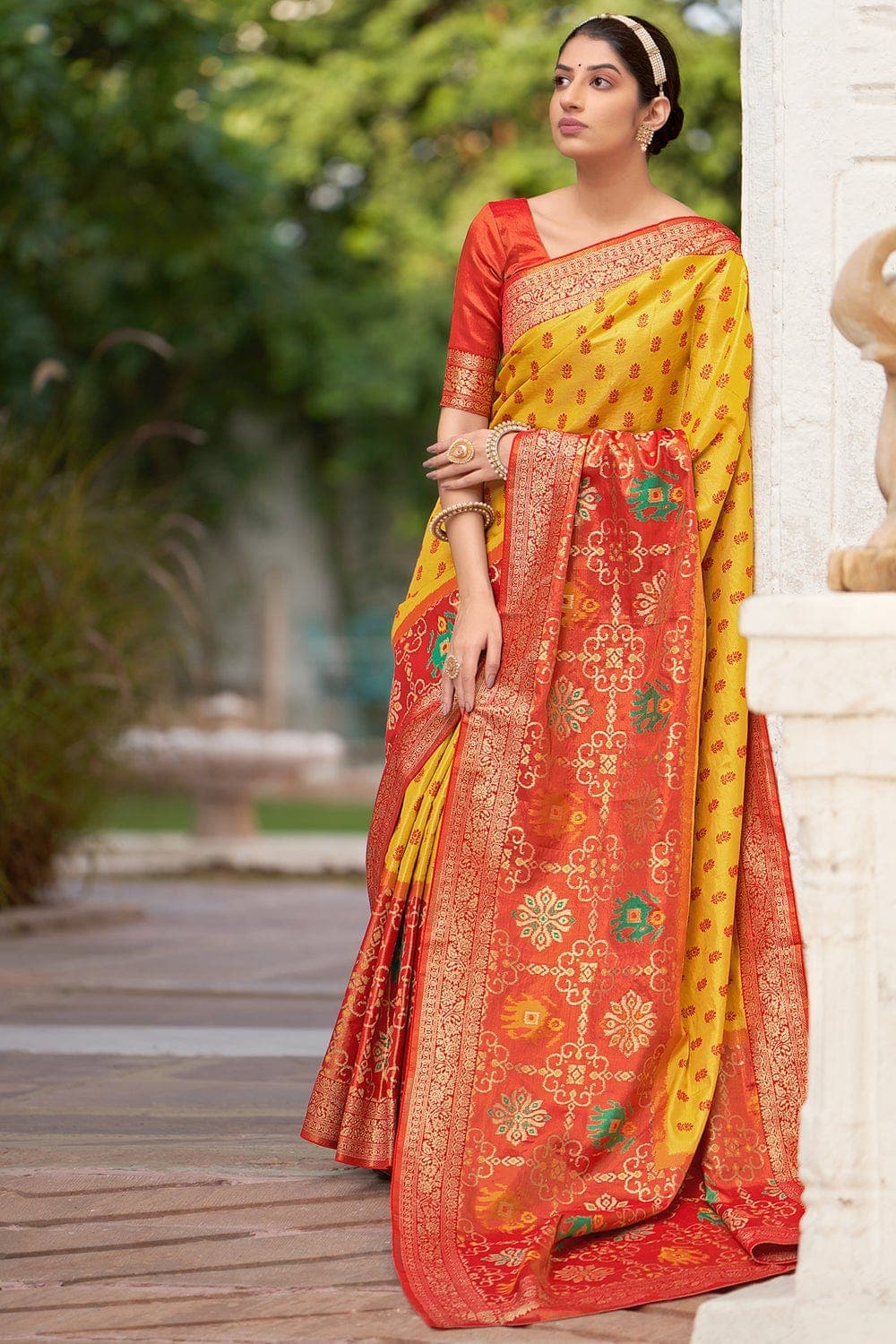 Yellow and red hot sale saree for wedding